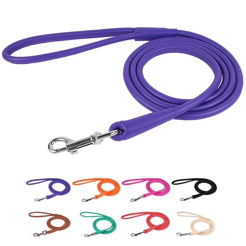 CollarDirect Rolled Leather Dog Leash 4ft, Soft Padded Training Leather Dog Lead 6ft, Puppy Leash Rolled Leather Small Medium Large Black Blue Red Orange Green Pink White (Purple, Size XL 6ft) - Image 1
